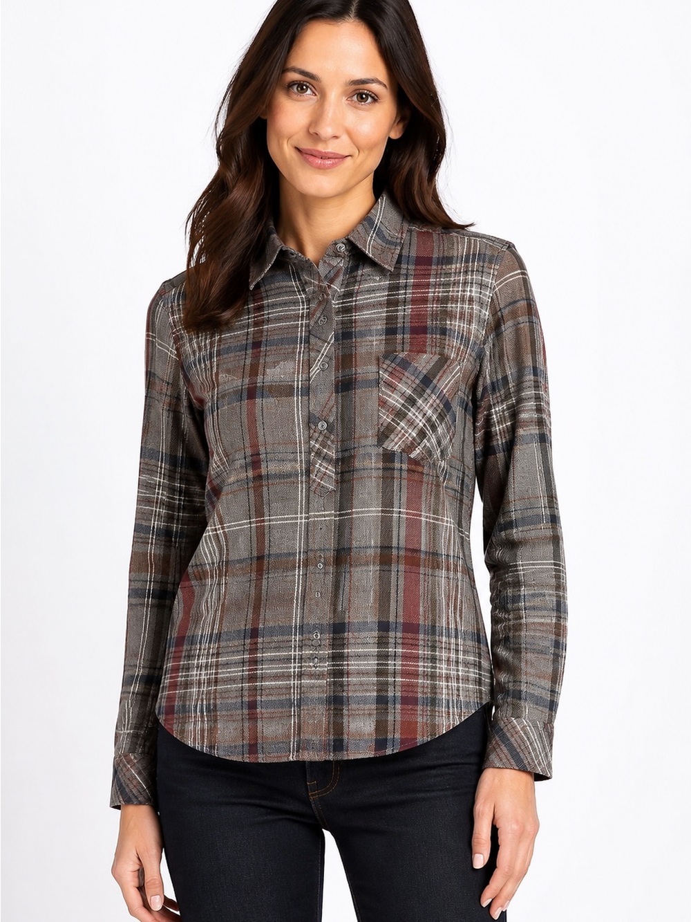 Bensimon Collection Women’s M Gray Plaid Flannel Long Sleeve Button-Up Shirt